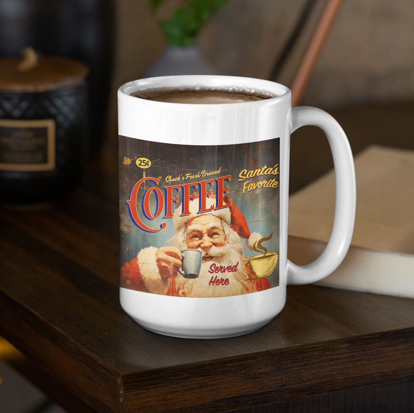 Santa Coffee Mug Personalized Retro Design , Vintage Coffee Design, A perfect match to our retro Santa coffee sign. 15oz coffee mug