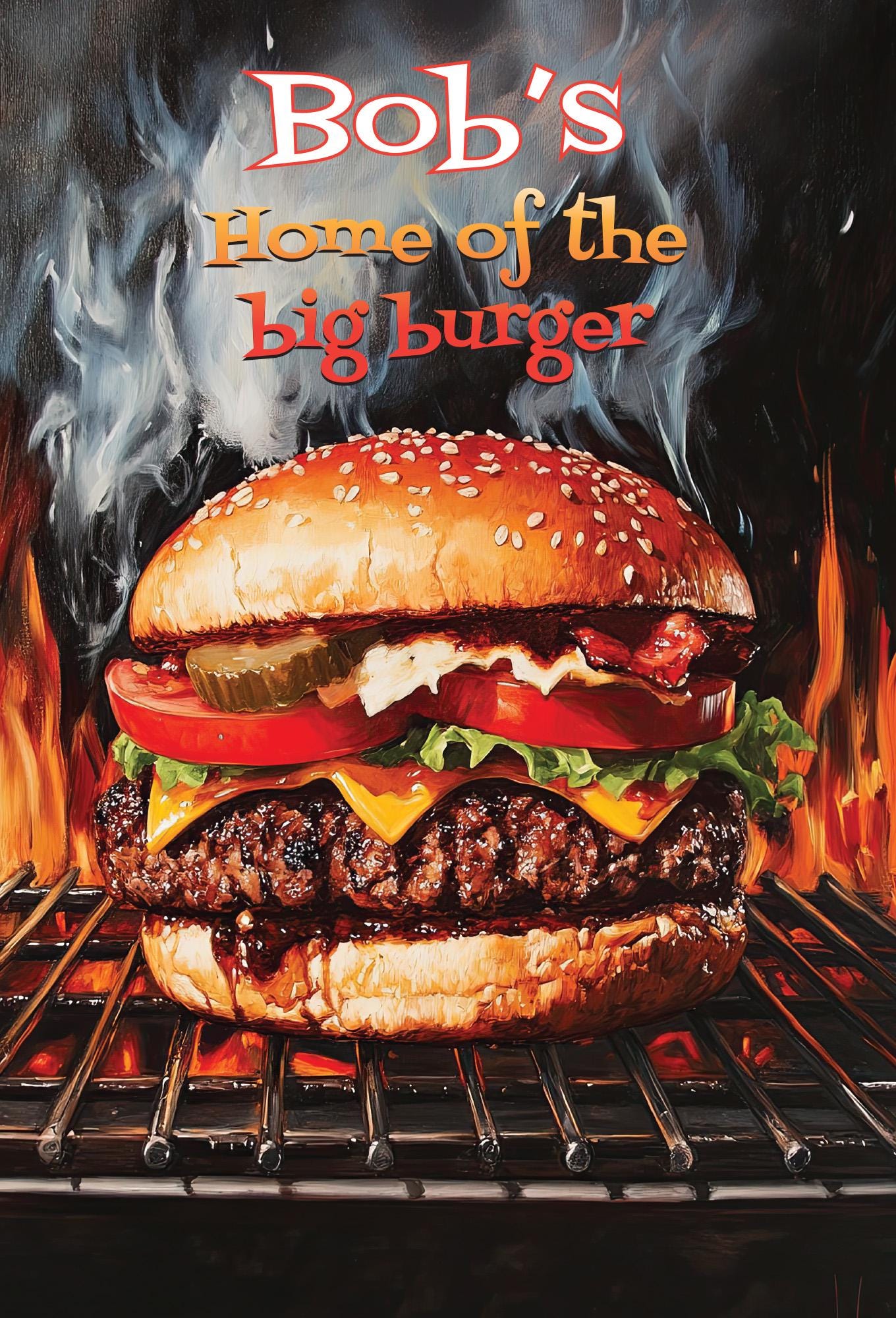 Big Burger BBQ Personalized Sign, Funny Gift for him Vintage Style Metal Sign Wall Art BBQ personalized with your favorite BBQ chef's name.