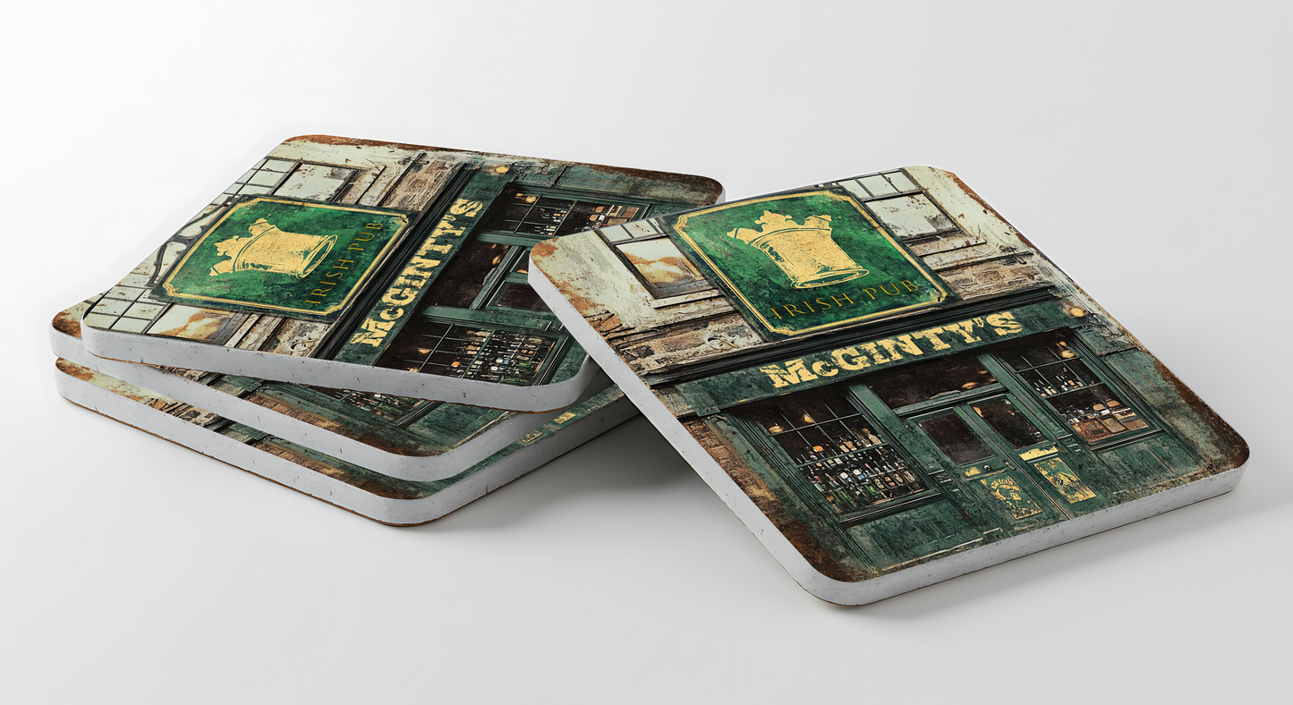 Personalized Irish Pub Coaster Set – Rustic Ceramic Drinkware, Country Kitchen Decor