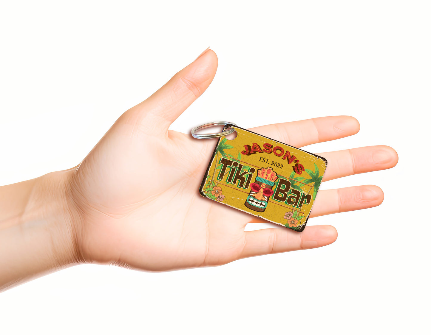 Tiki Bar Keychain, personalized, aluminum, Original Artwork