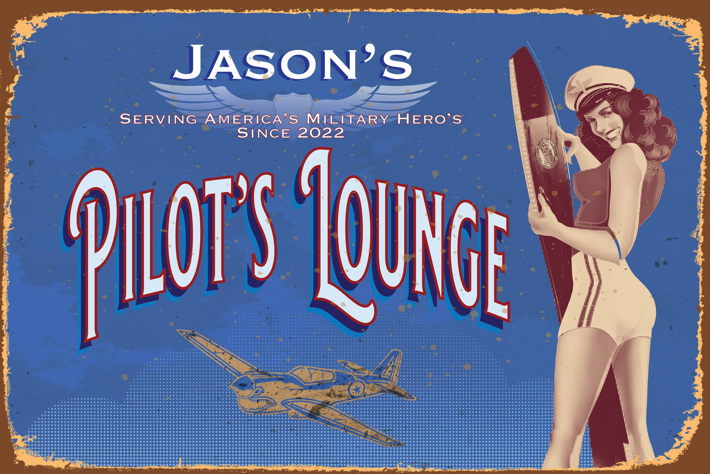 Pilot Gift Personalized Aviation Sign Original 1940s Style Pin-Up Artwork Metal Sign For Shop, Garage, Den, Pilot Hanger or Man Cave Decor