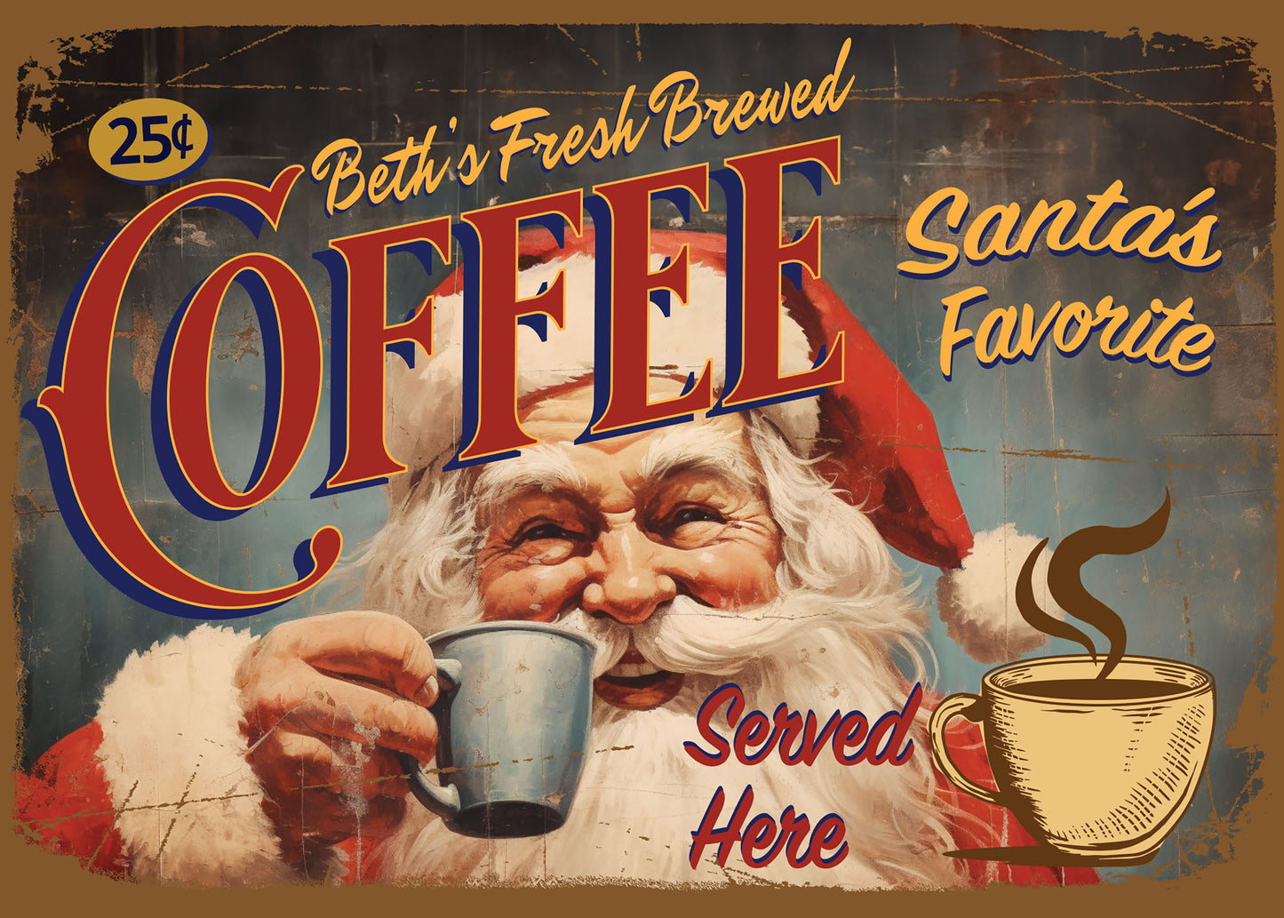 Personalized Santa Coffee Bar Sign. Vintage Christmas Sign for Den or Coffee Bar with a great Christmas theme. Great Coffee Lover Gift