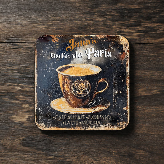Personalized French Coffee Ceramic Coaster Set – Rustic Cafe Decor