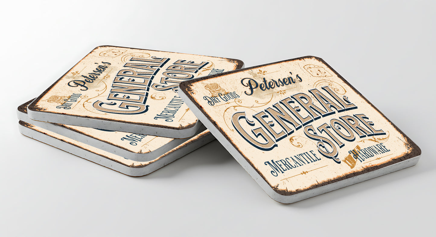 Personalized General Store Ceramic Coaster – Vintage Kitchen Art Gift - set of 4