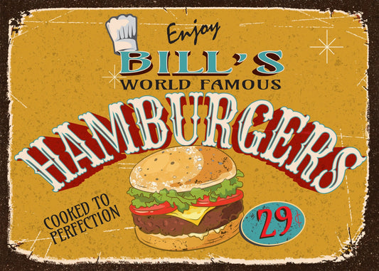 Hamburger Sign, Vintage Style Retro Metal Sign Fun Wall Art Home Decor BBQ. Personalize with your favorite BBQ chef's name.