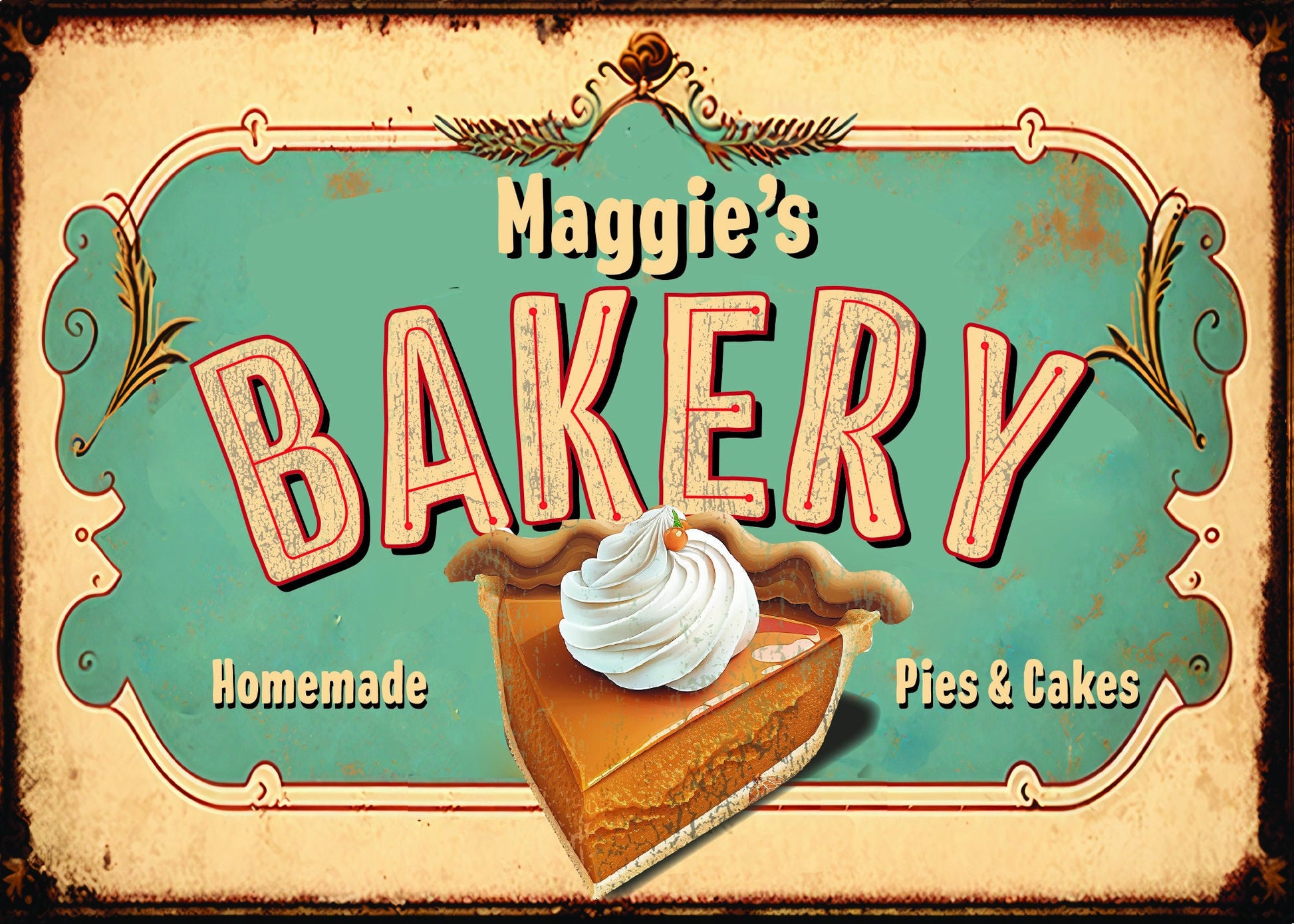 Personalized Pie and Bakery Shop Sign. Vintage Kitchen Sign. Great Gift for any baker. Baking pies, cakes and cookies. Baker gift for her