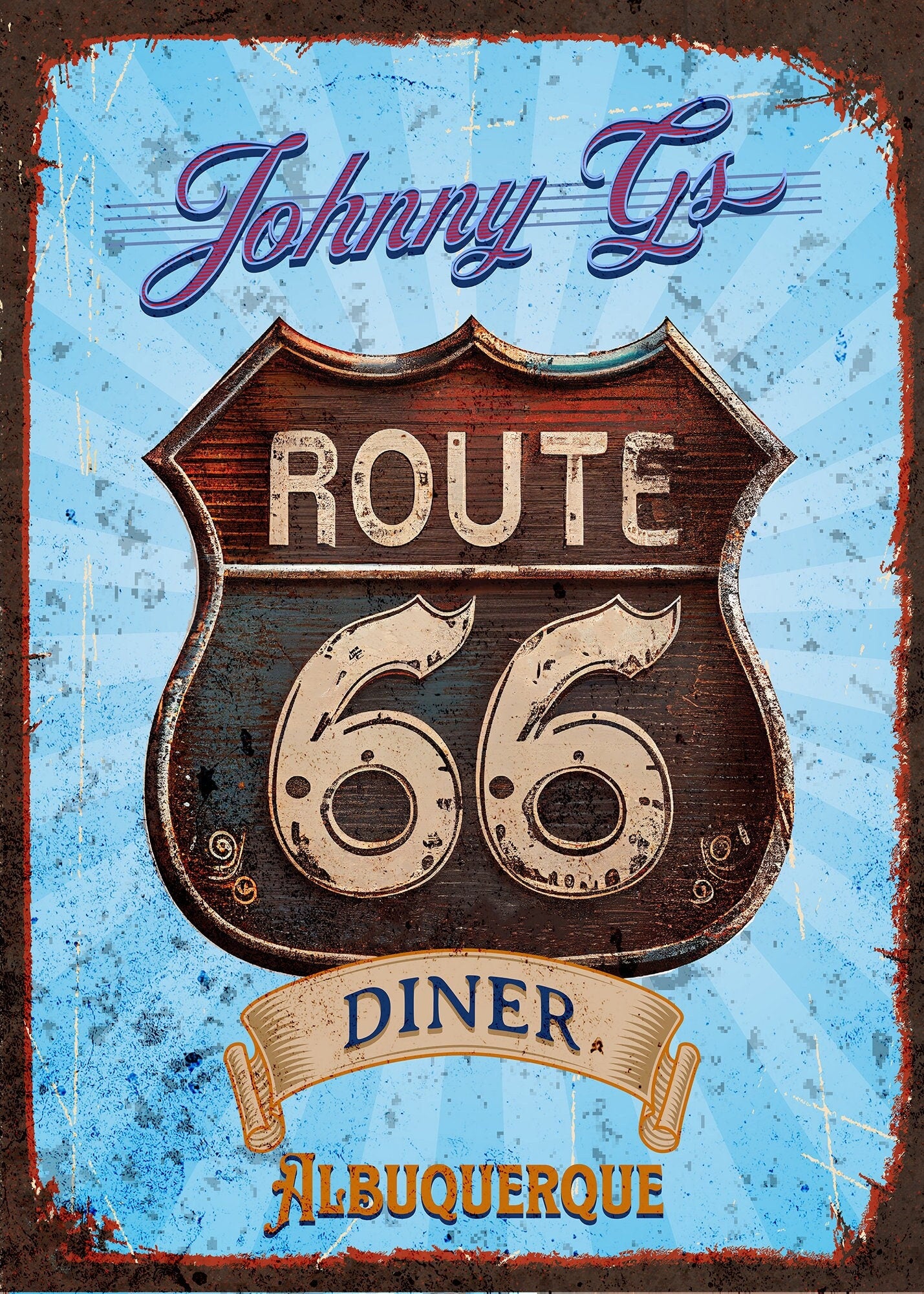 Route 66 Diner Personalized Sign. Wall Art gift Vintage-style for Den Sign. Great Gift for anyone who loves Route 66 nostalgia Vintage Cars