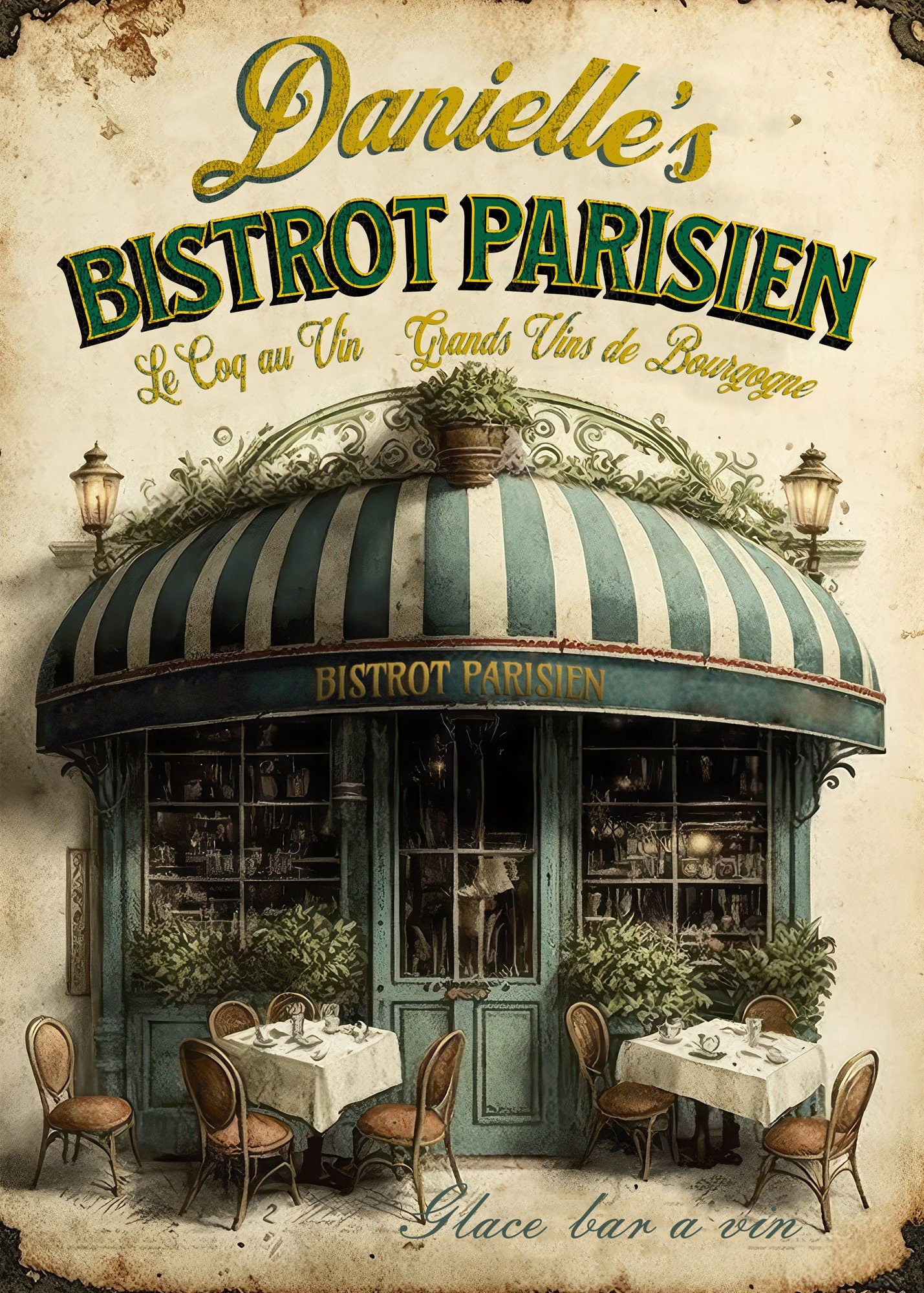 Personalized Bistro French Sign. Great Wall Art Vintage-style Kitchen Sign Great Gift for anyone who loves French Bistros French Style