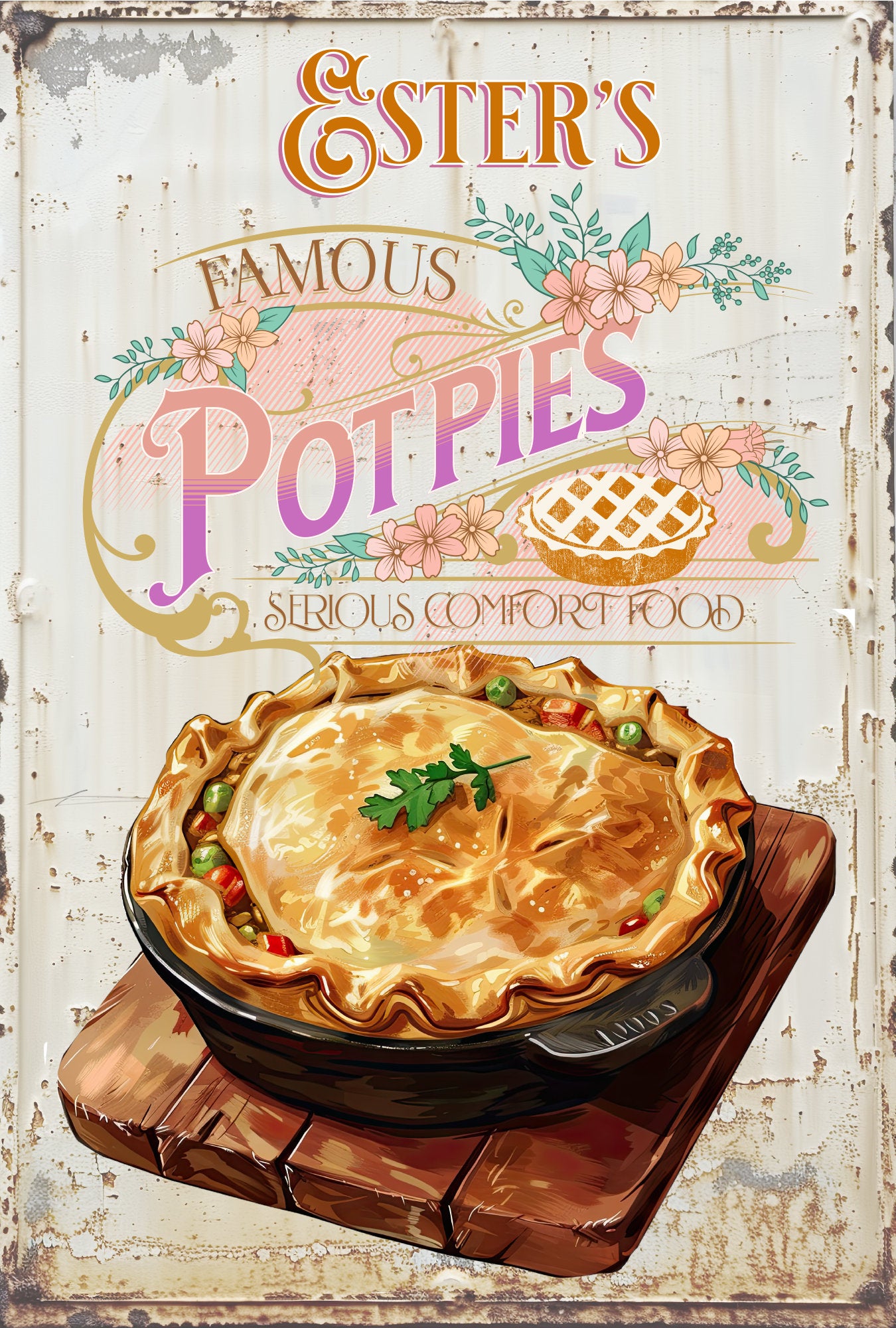 Pot Pie Sign, Personalized. Vintage Style Retro Metal Sign for Home Decor. Home baker, cooking, pies, cakes, home cooking