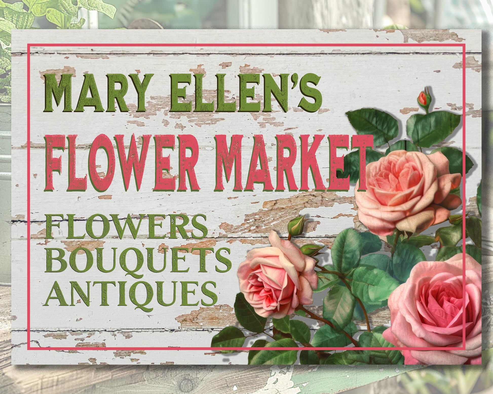 Personalized Vintage-style Flower Market Sign for Kitchen or Garden, Ideal Gift for Flower Lovers, gardeners, roses, bouquet