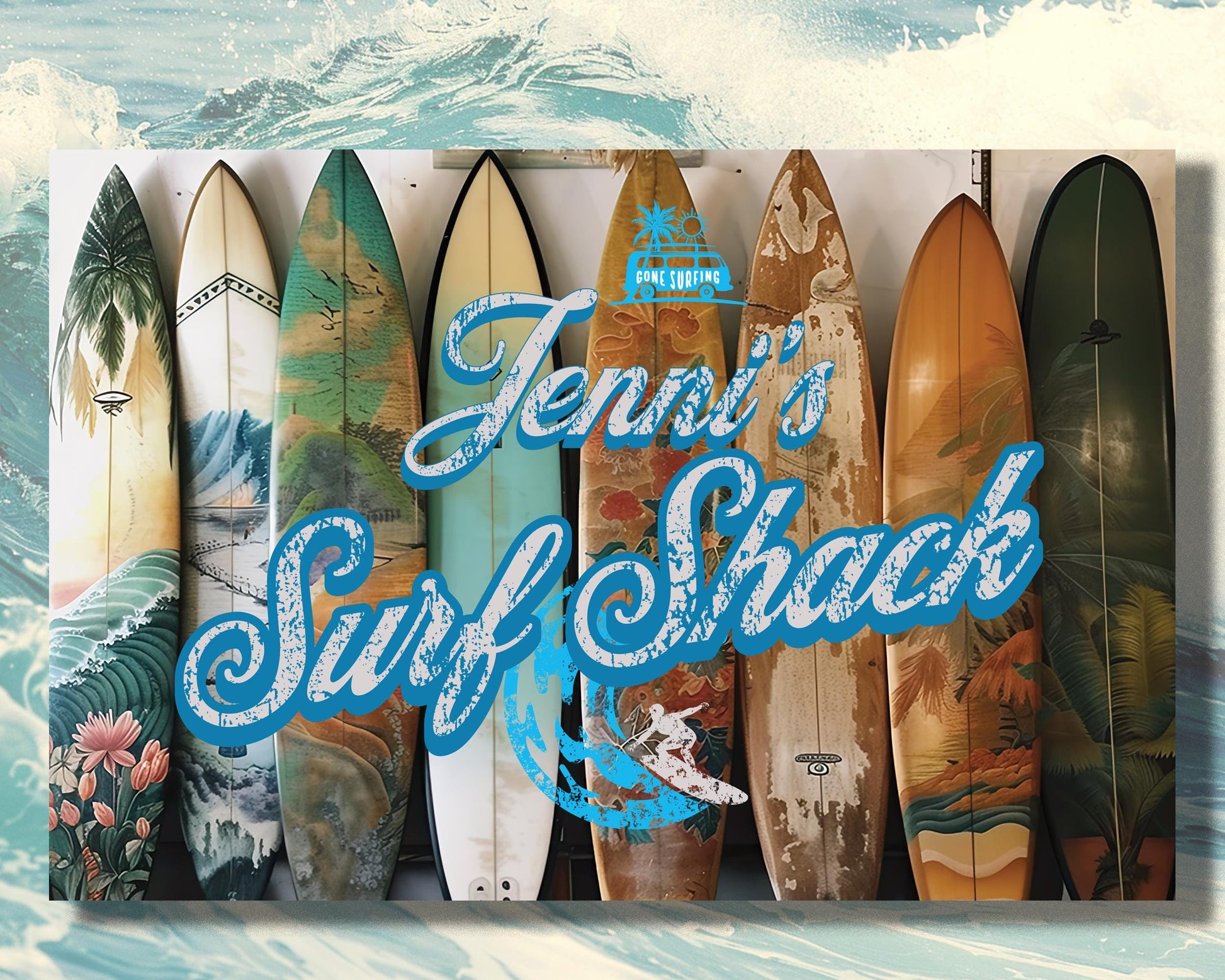 Personalized Surf Shack Metal Sign, Vintage Style Surfboard Art
