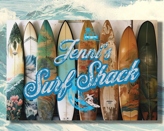 Personalized Surf Shack Metal Sign, Vintage Style Surfboard Art