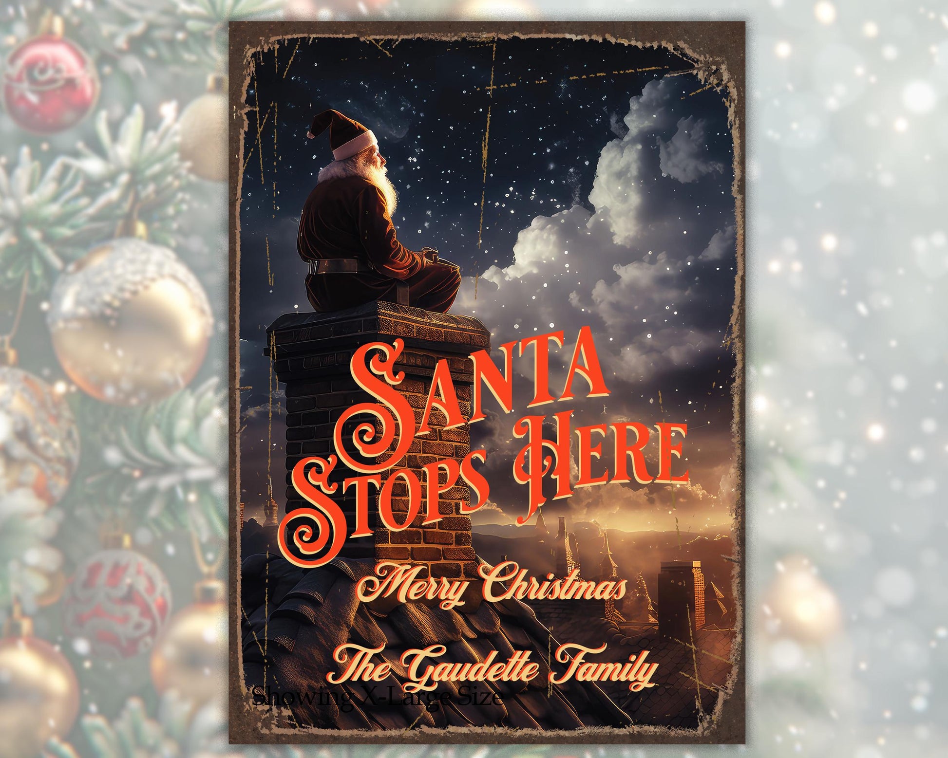 Santa Stops Here Metal Sign. Vintage-style Sign Personalized with a great Christmas theme. Adds a wonderful holiday touch.