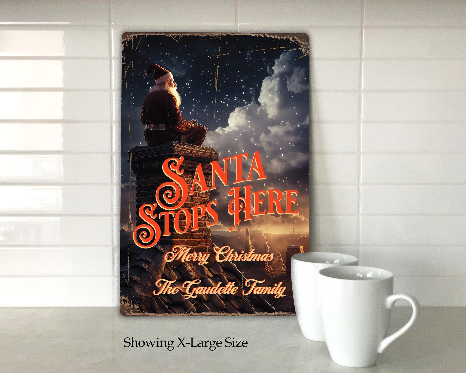 Santa Stops Here Metal Sign. Vintage-style Sign Personalized with a great Christmas theme. Adds a wonderful holiday touch.