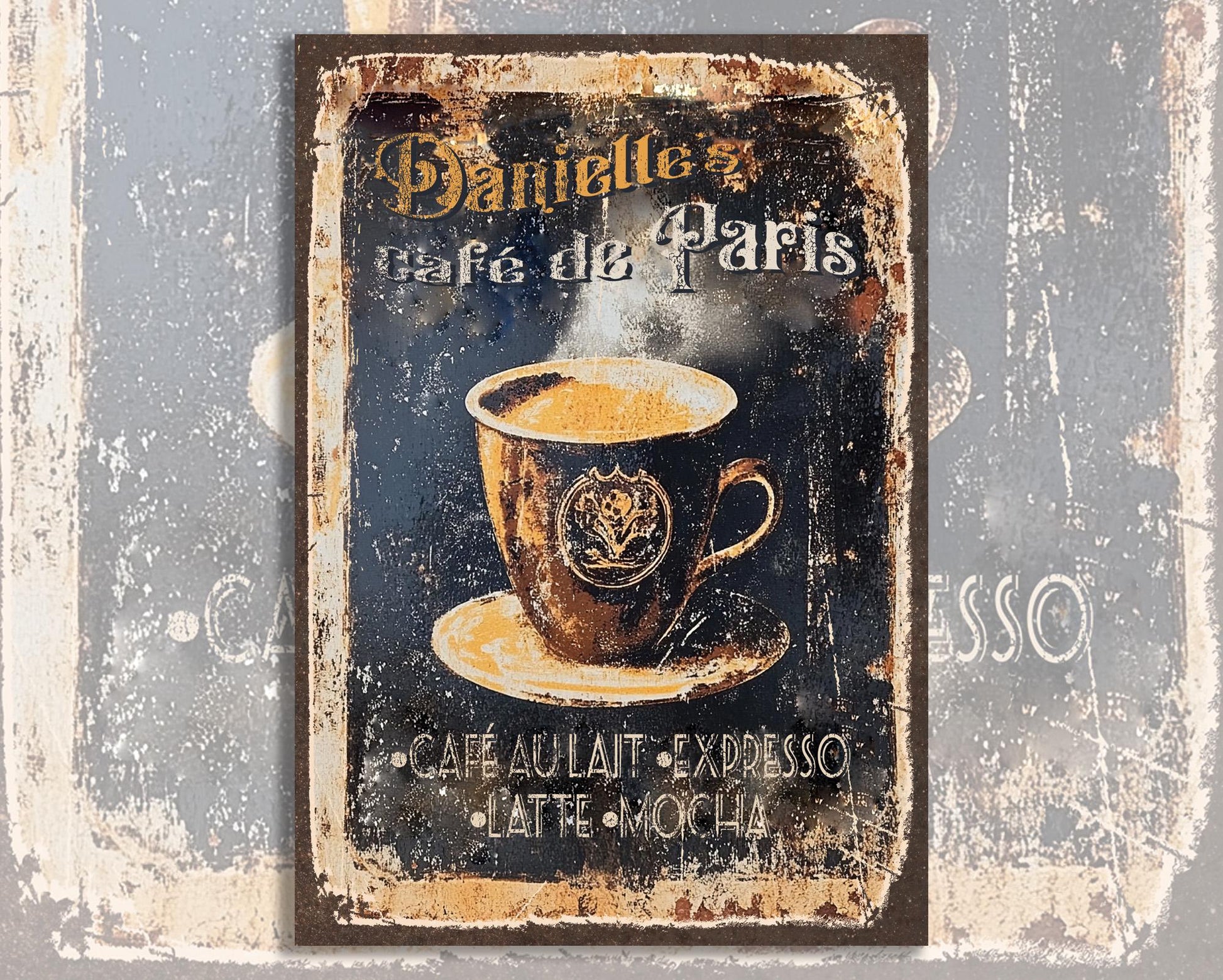 Personalized Old French Café Sign. Vintage-style rusted French Coffee Sign. Great Gift for anyone who loves French-style coffee and Cafés