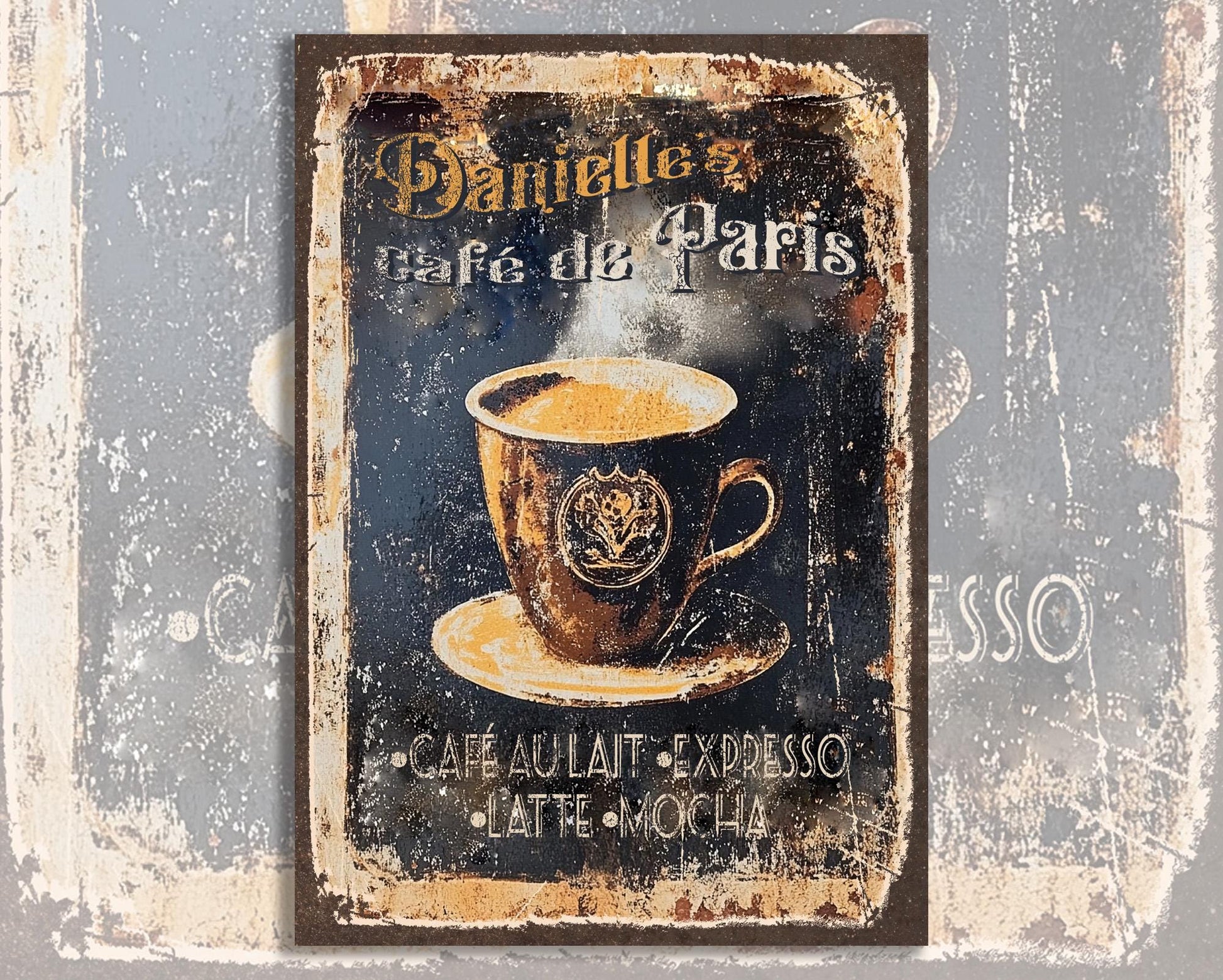 Personalized French Coffee Café Sign Vintage-style old rusted French sign Great Gift for anyone who loves French-style coffee and Cafés