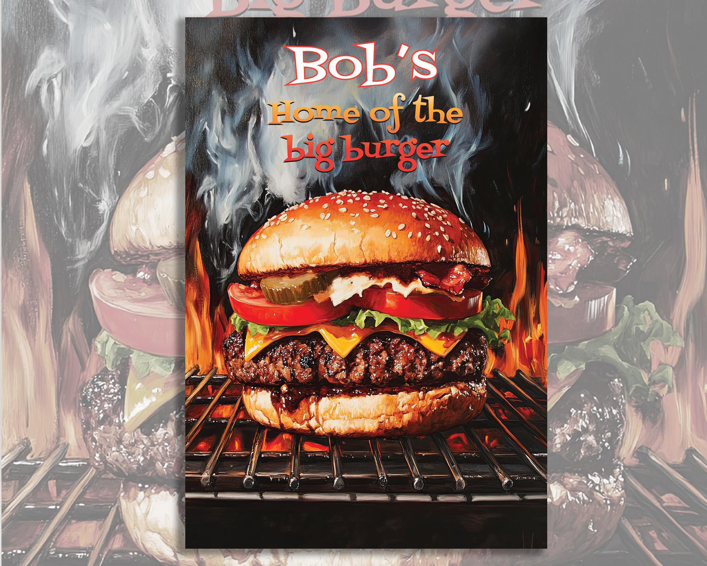Big Burger Personalized BBQ Sign, Funny Gift for him Vintage Style Metal Sign Wall Art BBQ personalized with your favorite BBQ chef's name.