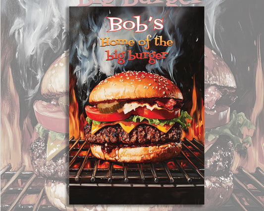 Big Burger Personalized BBQ Sign, Funny Gift for him Vintage Style Metal Sign Wall Art BBQ personalized with your favorite BBQ chef's name.