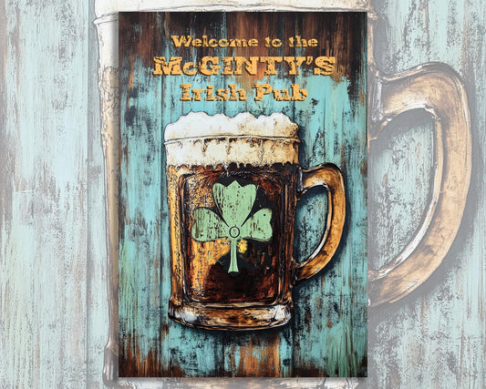 Personalized Irish Pub Mug Sign Fun Wall Art Great Gift for Irish or anyone who loves Irish Pubs Vintage-style.