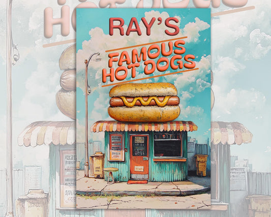 Hot Dog Personalized Sign, Funny Gift for him Vintage Style Metal Sign Wall Art BBQ personalized with your favorite Hog Dog chef's name.
