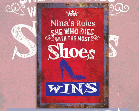 Shoe Closet Retro personalized Metal Sign Home Decor. Personalize with the name of anyone who loves shoes.