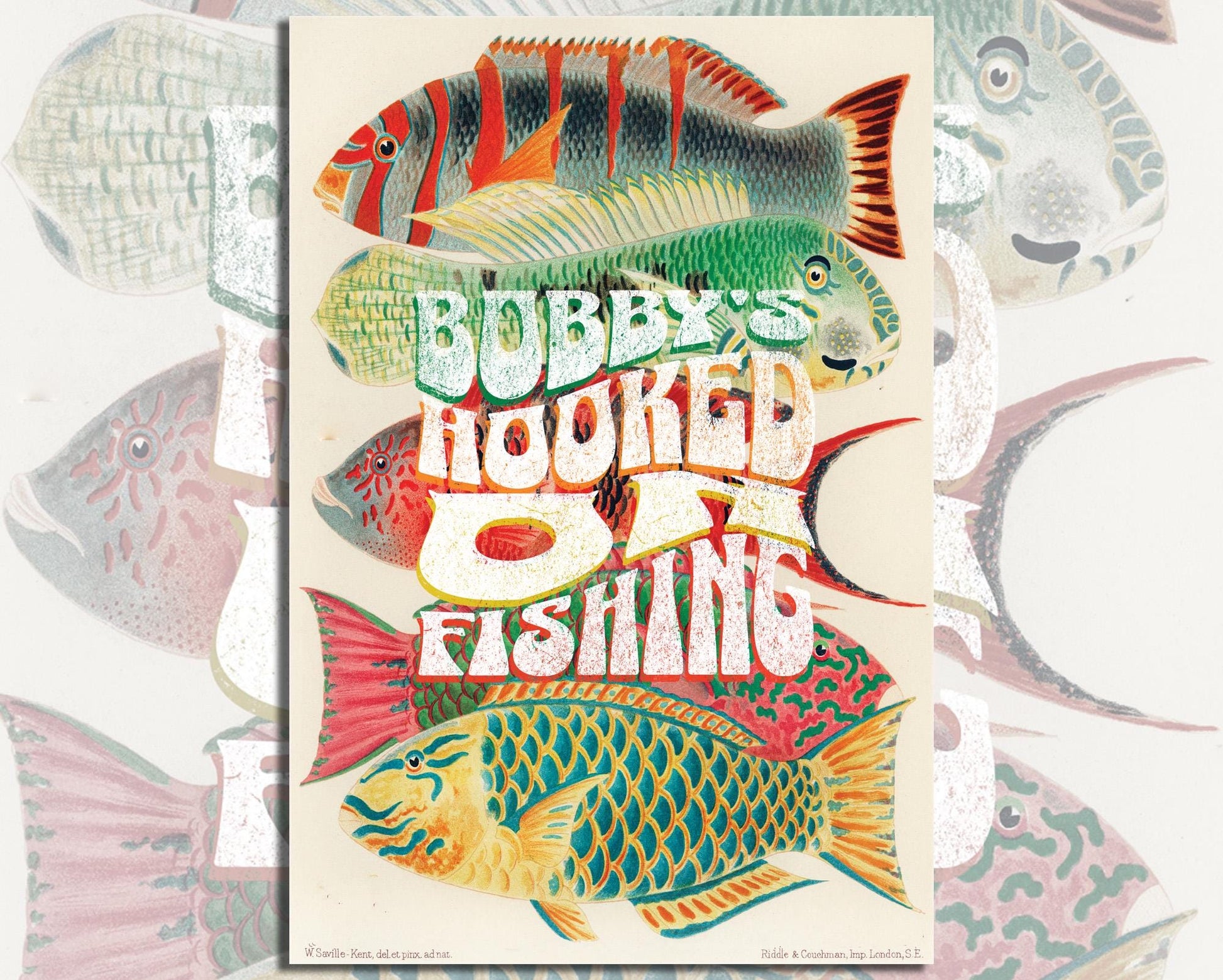 Personalized fishing sign. Fishing hobby. Gone Fishing. Fresh water ocean fishing. Colorful fishes illustration from the Great Barrier Reef
