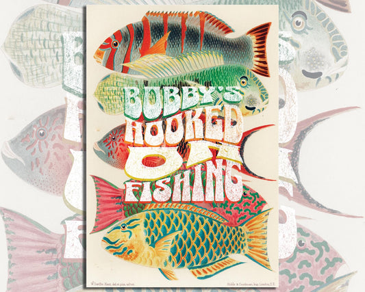Personalized fishing sign. Fishing hobby. Gone Fishing. Fresh water ocean fishing. Colorful fishes illustration from the Great Barrier Reef