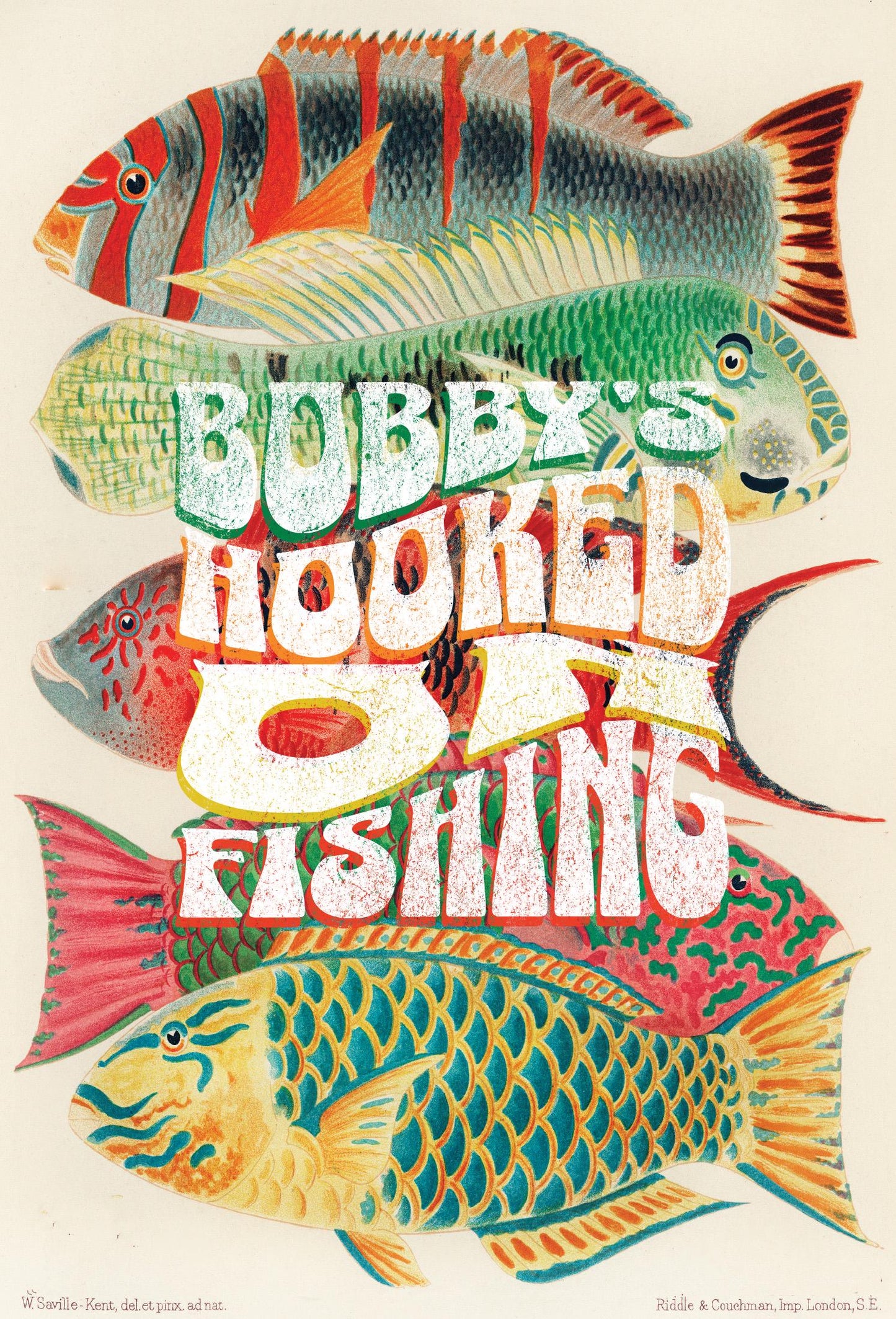 Personalized fishing sign. Fishing hobby. Gone Fishing. Fresh water ocean fishing. Colorful fishes illustration from the Great Barrier Reef