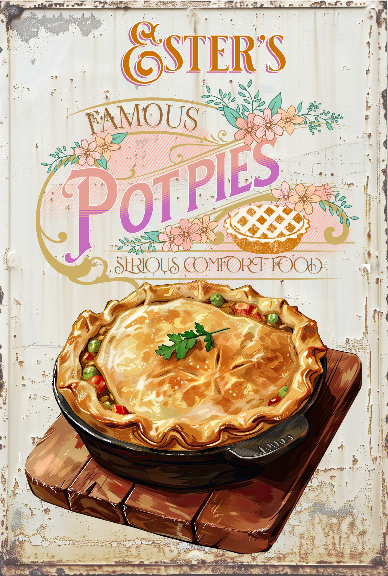 Pot Pie Sign, Personalized. Vintage Style Retro Metal Sign for Home Decor.