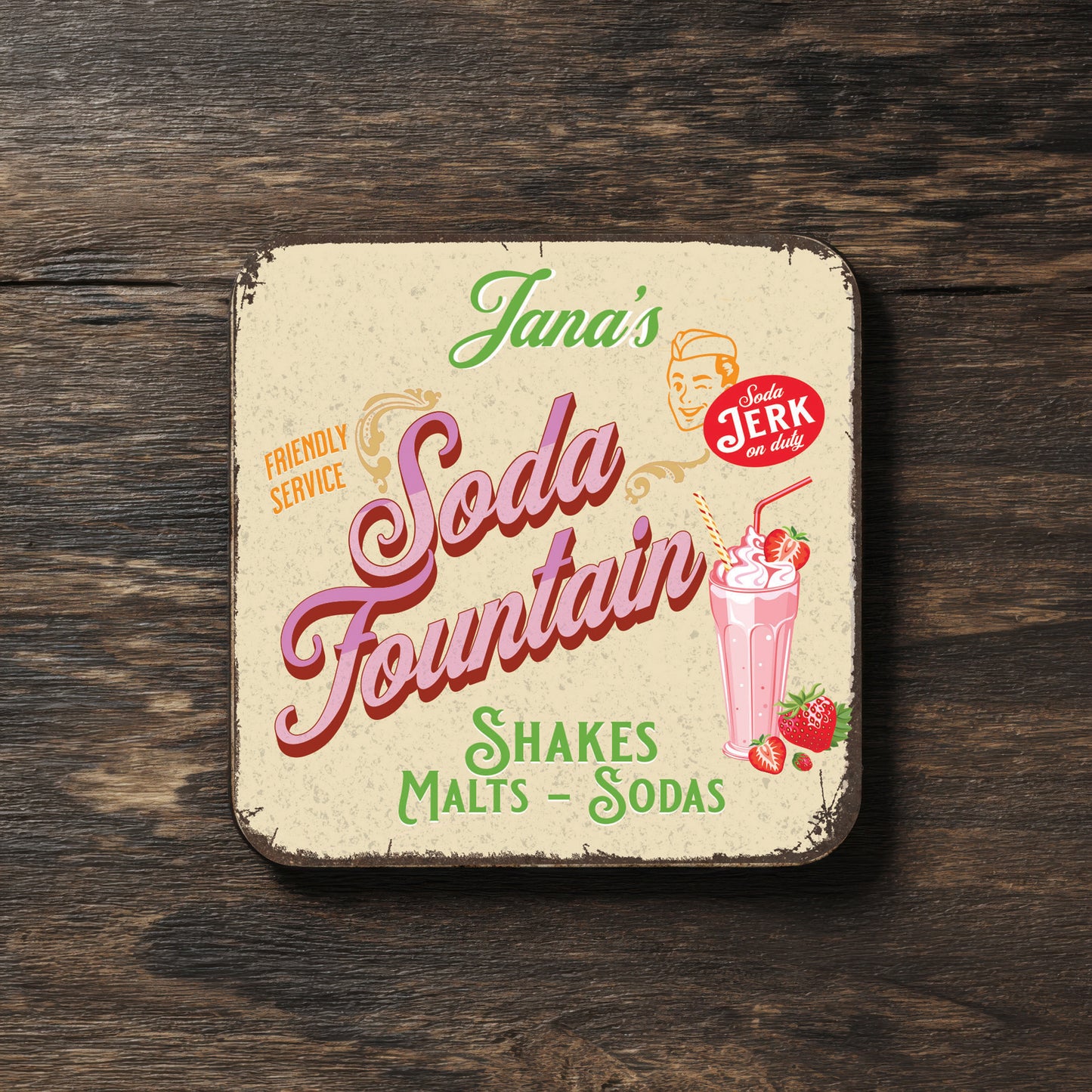 Personalized Soda Fountain Coaster Set – Vintage Style Kitchen Decor