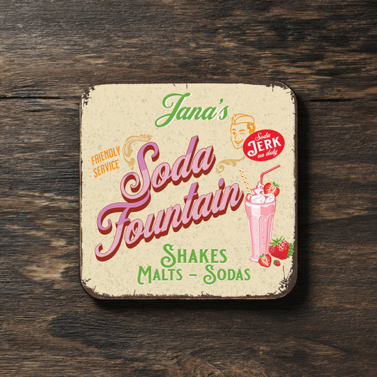 Personalized Soda Fountain Coaster Set – Vintage Style Kitchen Decor