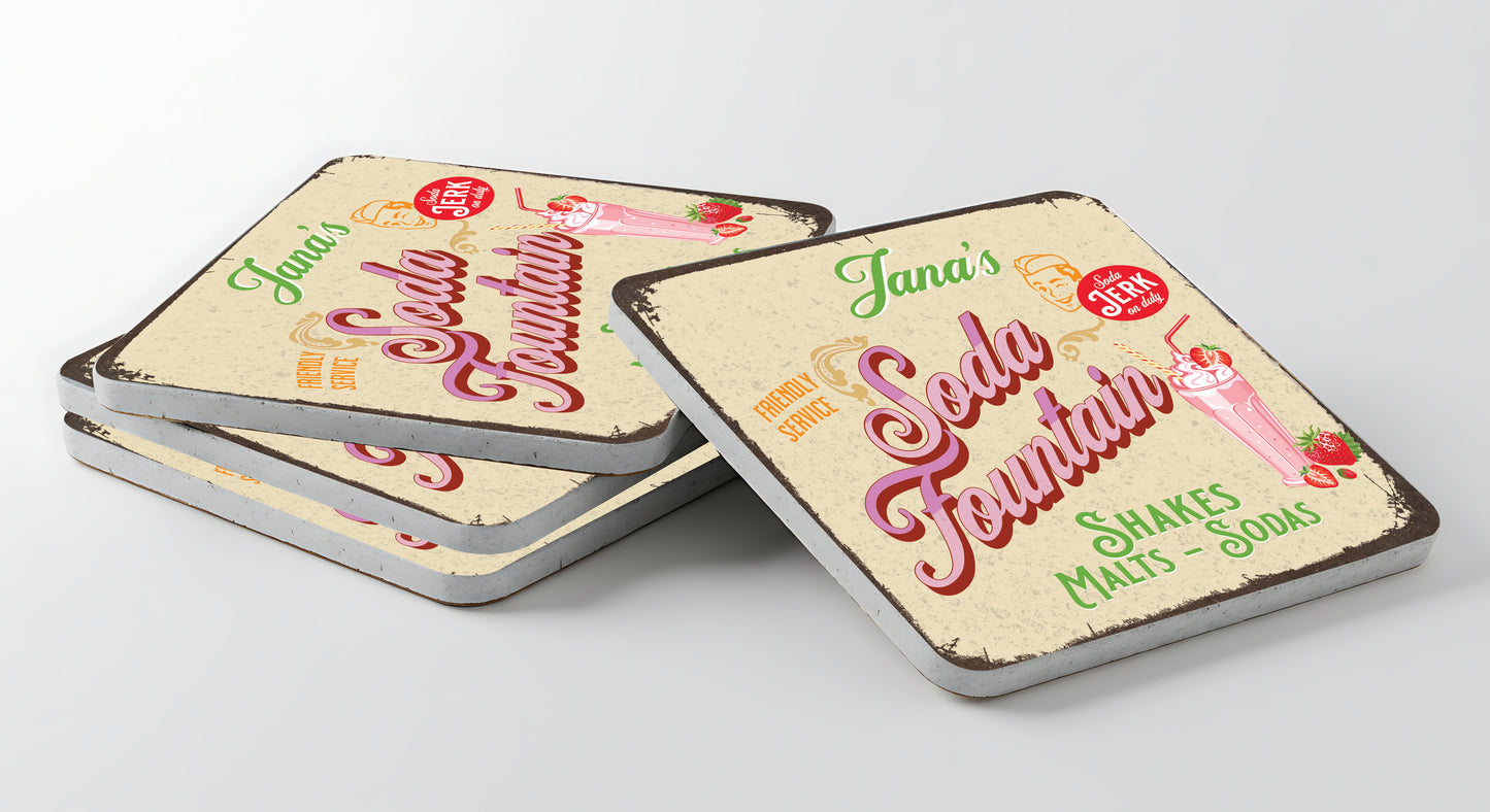 Personalized Soda Fountain Coaster Set – Vintage Style Kitchen Decor