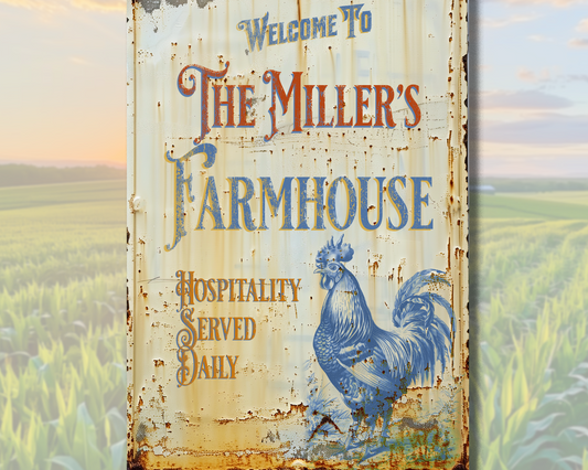 Farmhouse Sign, Personalized. Vintage Style Retro Metal Sign for Home Decor.