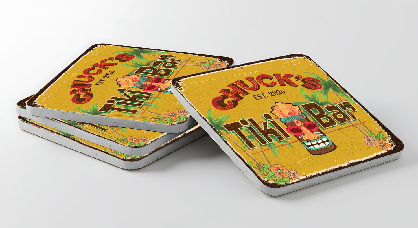 Personalized Vintage Tiki Bar Ceramic Coasters (Set of 4) – Tropical Drink Decor