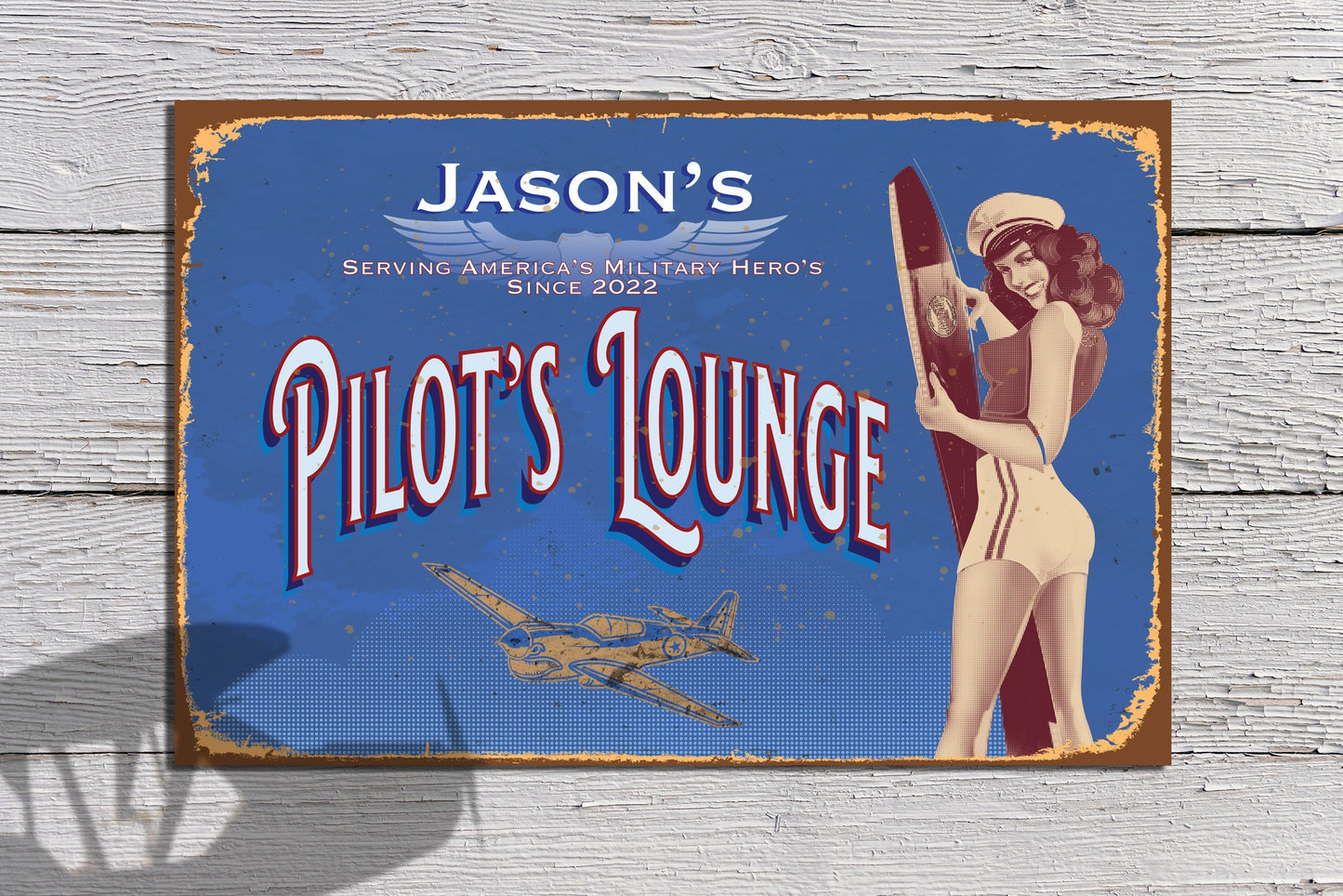 Pilot Gift Personalized Aviation Sign Original 1940s Style Pin-Up Artwork Metal Sign For Shop, Garage, Den, Pilot Hanger or Man Cave Decor