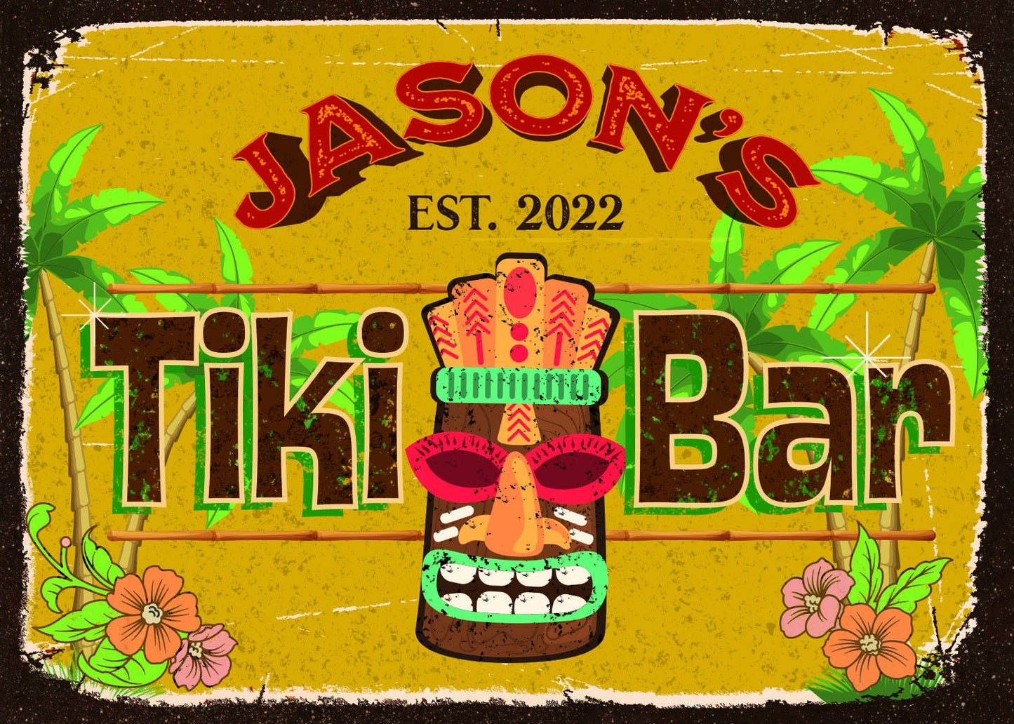 Tiki Bar Sign, personalized, Vintage Style Retro Metal Kitchen Sign for Home Decor. Personalize with your favorite Tiki lover names.