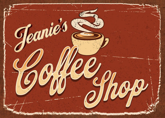 Coffee Sign Vintage Personalized Metal Kitchen Sign for Home Decor. Personalize with your favorite coffee lover name.