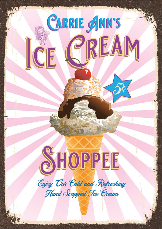 Personalized Ice Cream Shoppe Sign, Vintage Style Retro Metal Sign for Home Decor. Personalize with your favorite Ice Cream lover name.