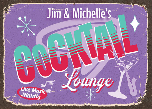 Cocktail Lounge Sign Personalized Vintage Style Retro Metal Sign for Home Bar Decor. Personalize with your favorite cocktail lover names.