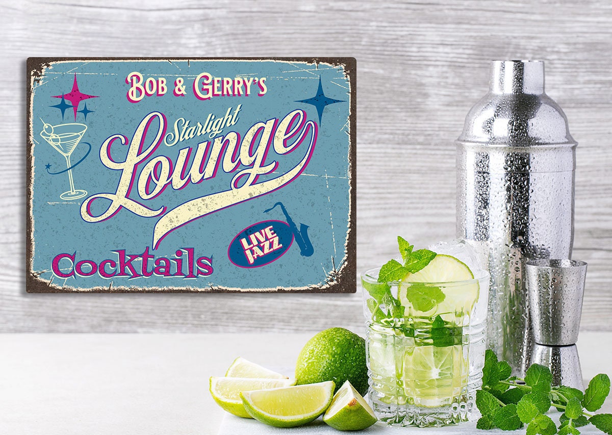 Cocktail Lounge Sign. Retro Style Personalized Metal Sign. For Home Decor or Home Bar. A great gift for your favorite cocktail lover.