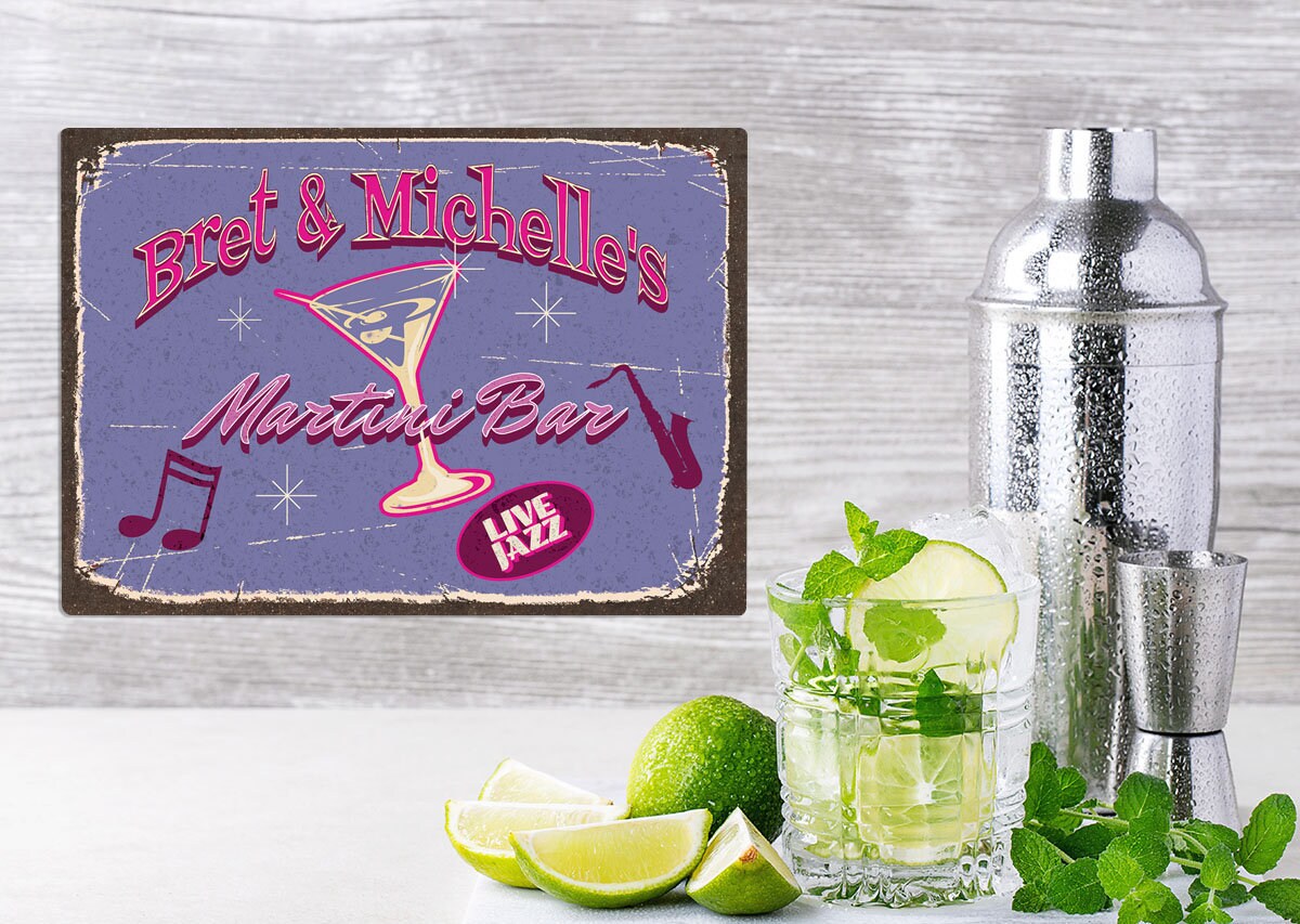 Martini Bar Sign Personalized Vintage Style Retro Metal Kitchen Sign for Home Decor. Personalize with your favorite Martini lover names.