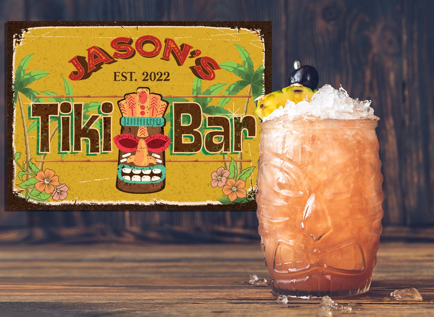 Tiki Bar Sign, personalized, Vintage Style Retro Metal Kitchen Sign for Home Decor. Personalize with your favorite Tiki lover names.