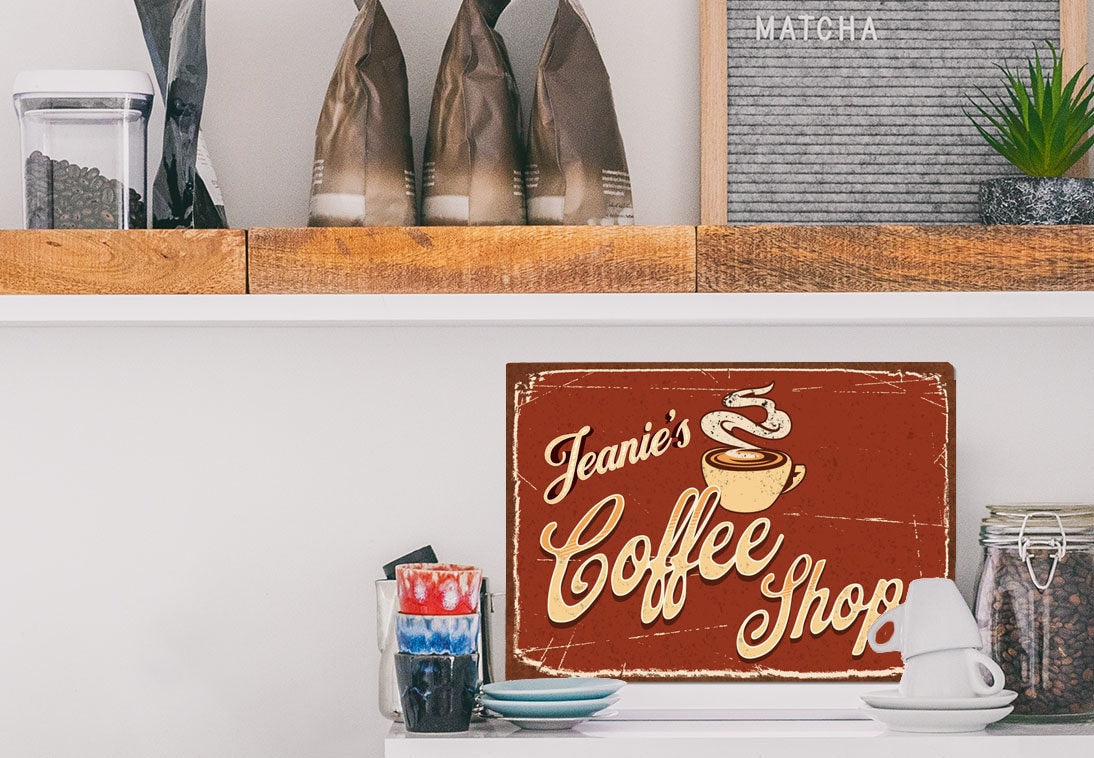 Coffee Sign Vintage Personalized Metal Kitchen Sign for Home Decor. Personalize with your favorite coffee lover name.