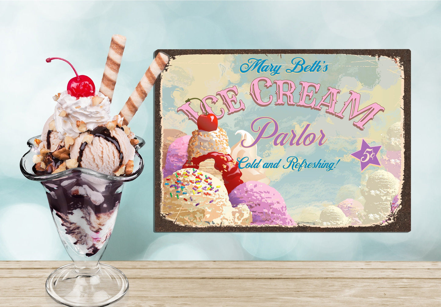 Personalized Ice Cream Parlor Sign, Vintage Style Retro Metal Sign for Home Decor. Personalize with your favorite Ice Cream lover name.