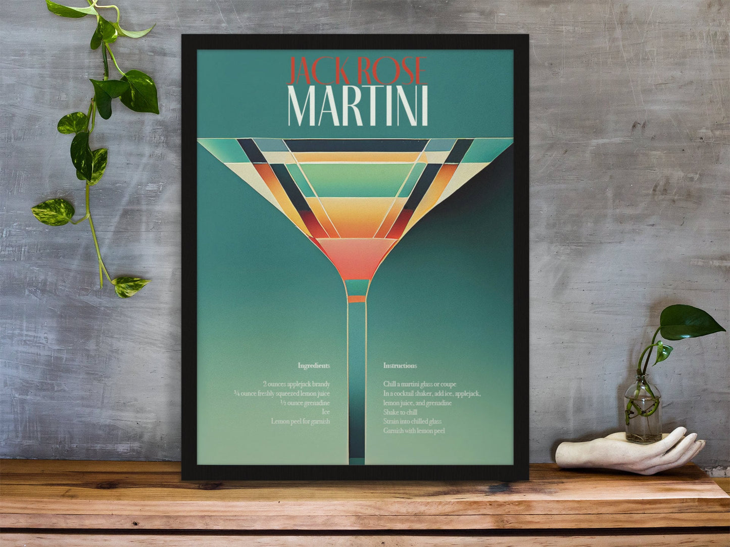 Martini Poster Framed in Art Deco style . Perfect compliment to any home bar or kitchen. Vintage Jack Rose Recipe at the bottom.