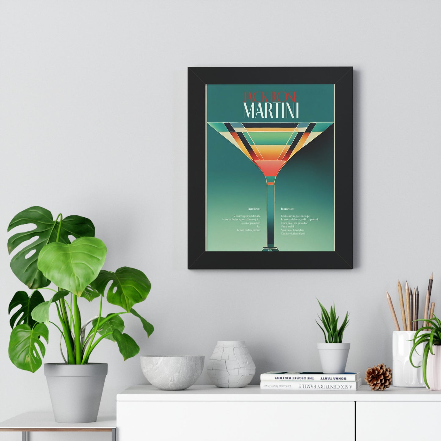 Martini Poster Framed in Art Deco style . Perfect compliment to any home bar or kitchen. Vintage Jack Rose Recipe at the bottom.