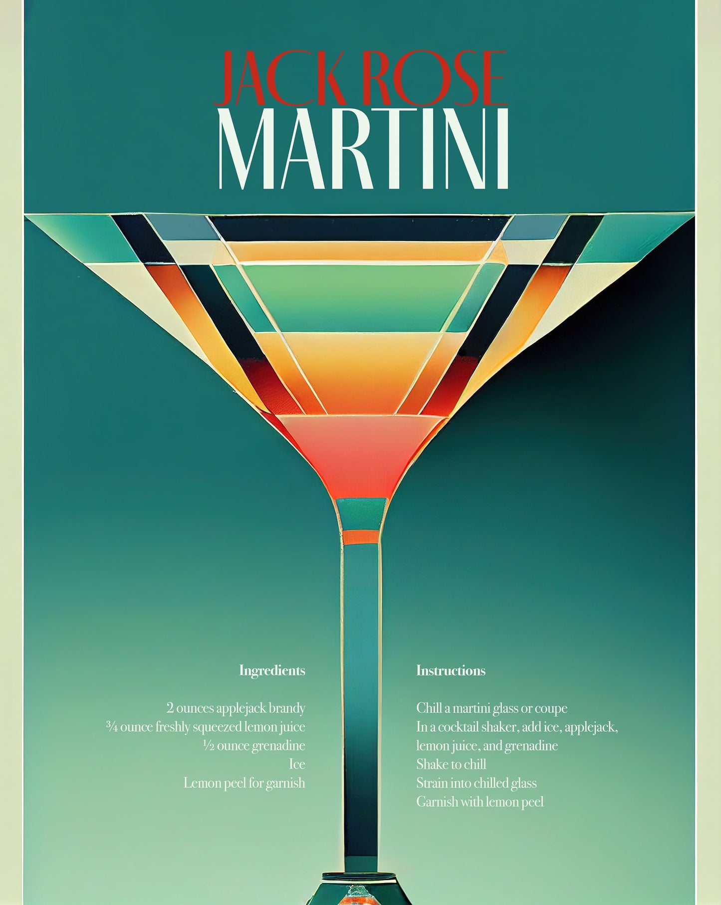 Martini Poster Framed in Art Deco style . Perfect compliment to any home bar or kitchen. Vintage Jack Rose Recipe at the bottom.