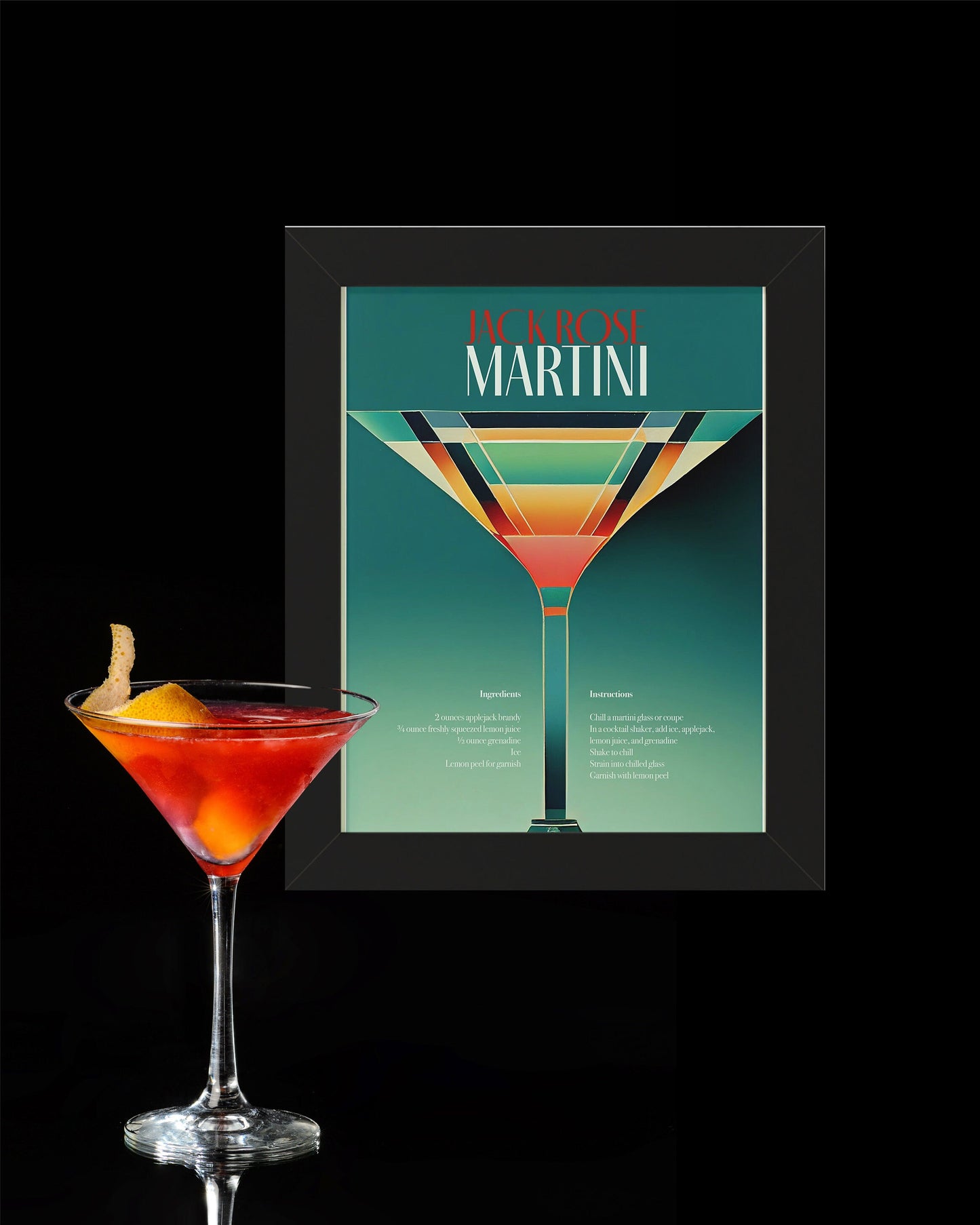 Martini Poster Framed in Art Deco style . Perfect compliment to any home bar or kitchen. Vintage Jack Rose Recipe at the bottom.