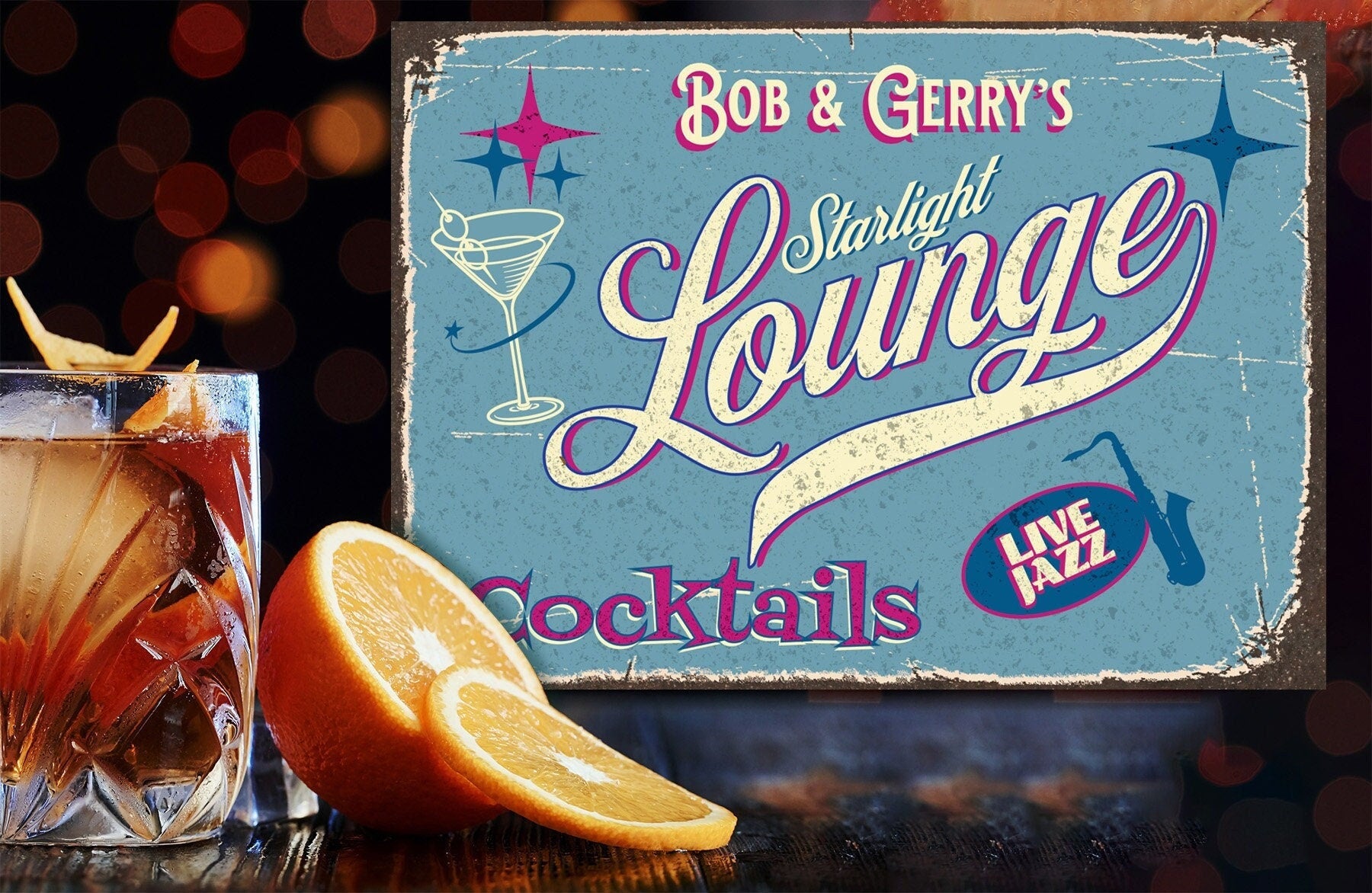 Cocktail Lounge Sign. Retro Style Personalized Metal Sign. For Home Decor or Home Bar. A great gift for your favorite cocktail lover.