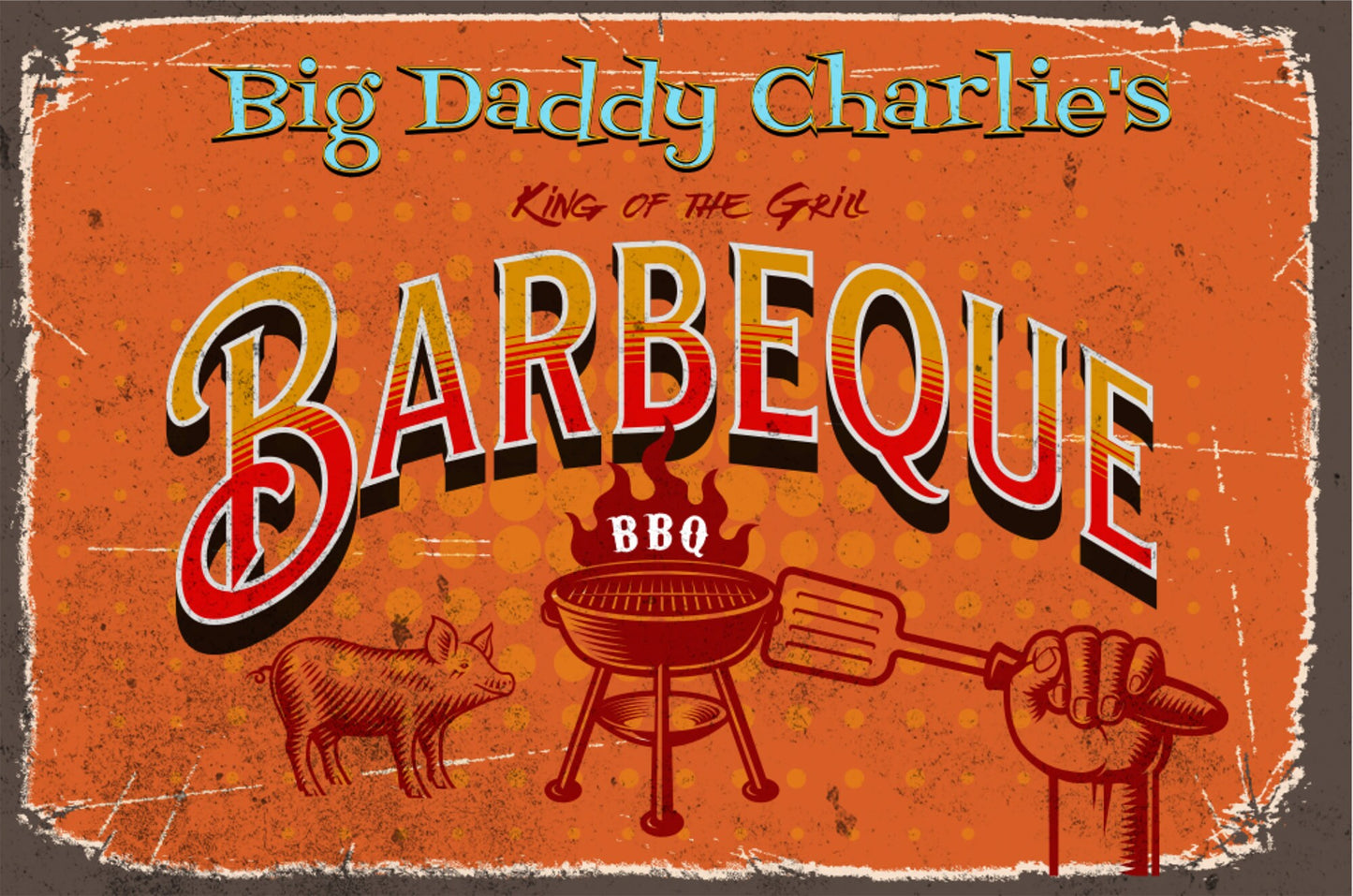 Personalized BBQ Sign, Vintage Style Retro Metal Sign  Home Decor BBQ. Personalize with your favorite BBQ chefs name.